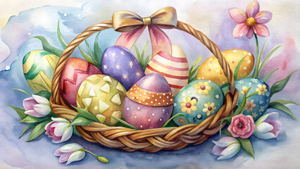 Colorful Easter Eggs in a Basket Surrounded by Flowers and Grass