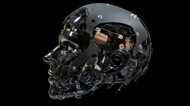 Abstract circuit chip in robot head. Computing and innovation concept. 3D Rendering
