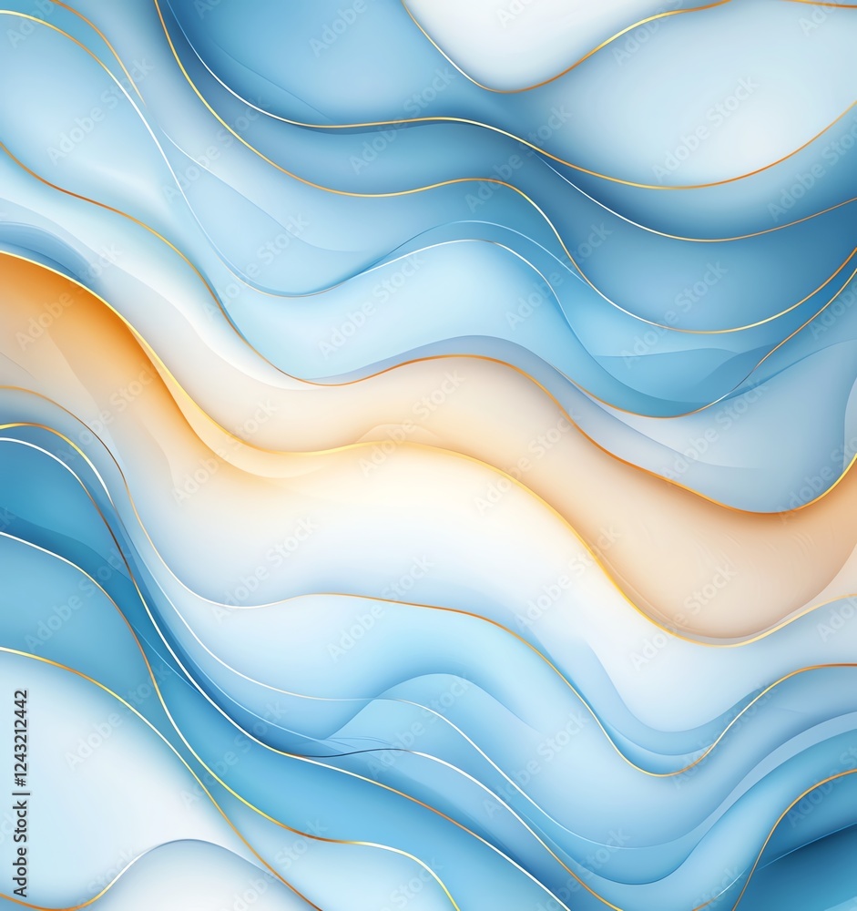 Poster a stunning abstract wave pattern featuring soothing shades of blue and hints of orange, creating a s