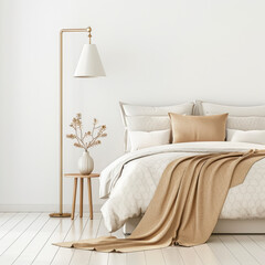 cozy bedroom featuring neutral color palette, elegant bedding, and stylish floor lamp. warm tones create serene atmosphere, perfect for relaxation