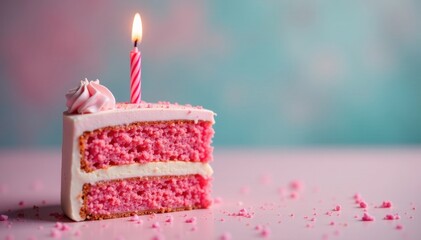 Single candle on a slice of pink birthday cake Close up view , birthday, food styling