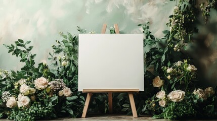 Blank Signboard on Wooden Easel Surrounded by Greenery and Floral Arrangement, Perfect for Custom Messages or Art Displays in Various Settings