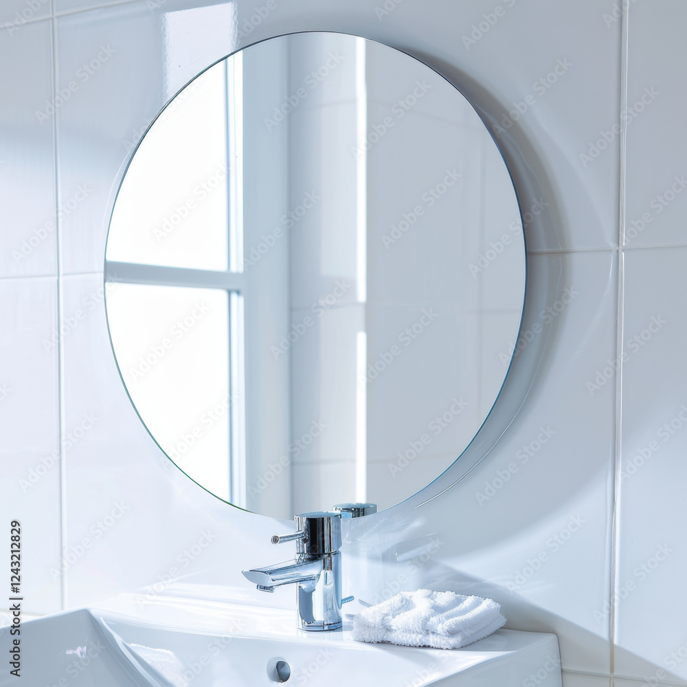 Poster modern round mirror in bright bathroom with sleek faucet and towel. clean lines and reflective surfa