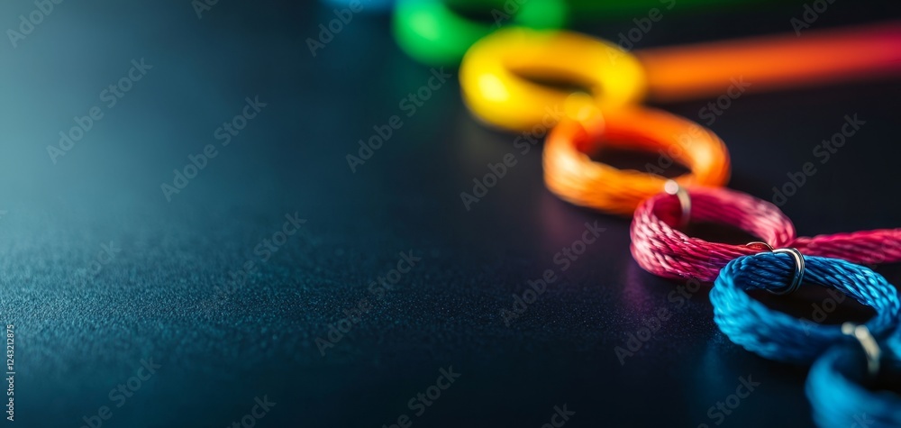 Poster a close-up view of colorful loops arranged in a line on a dark surface, showcasing vibrant hues and 