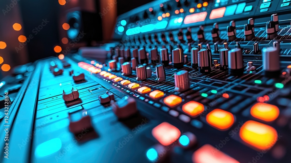 Poster close-up of an audio mixing console in a professional recording studio