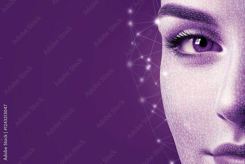 Poster digital representation of a woman's face merging with technology in a purple backdrop showcasing art