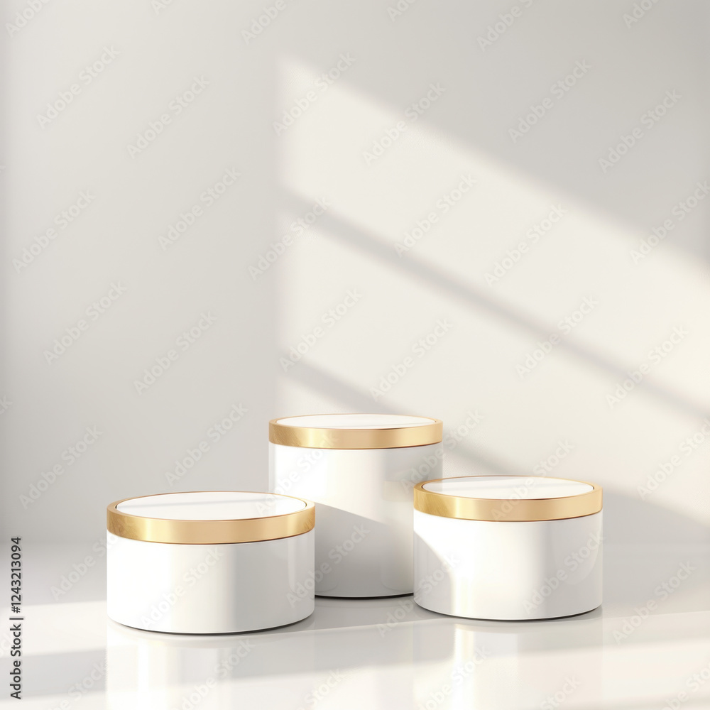Poster elegant white containers with gold lids arranged on minimalist surface, casting soft shadows. perfec