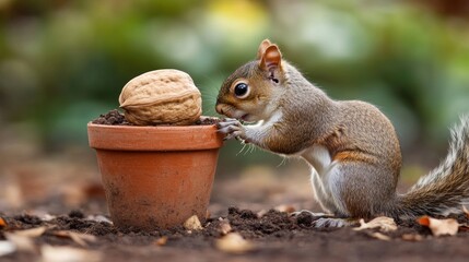 Fototapeta premium A squirrel curiously examines a walnut placed in a small flower pot.