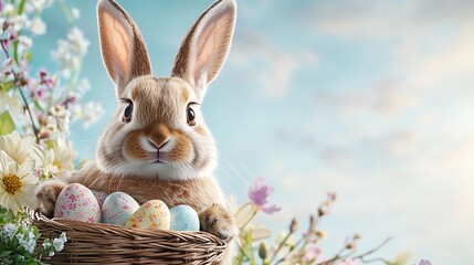 Obraz premium Easter day celebration with cute bunny and pastel eggs in a floral setting