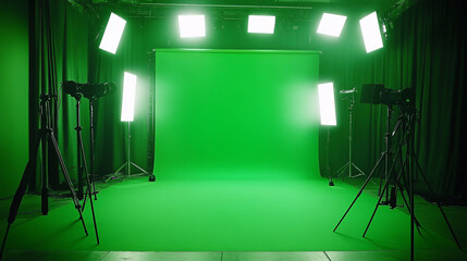 A green screen studio set up complete with lighting equipment, including a large green screen, tripods, and lights.