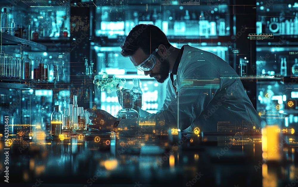 Poster digital double exposure of medical test tubes and digital health icons on the background, a scientis
