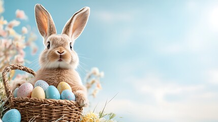 Easter day celebration adorable bunny with pastel easter eggs in a serene garden setting