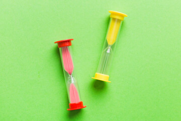 hourglass on the table, sand clock as time passing concept for business deadline, copy space