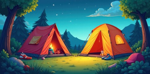 Brightly colored cartoon camping tent, gear scattered around , cartoon style, sky