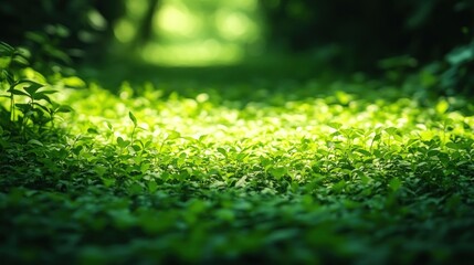 Naklejka premium Sunlit Forest Floor, Lush Green Vegetation, Natural Sunlight, Peaceful Ambiance
