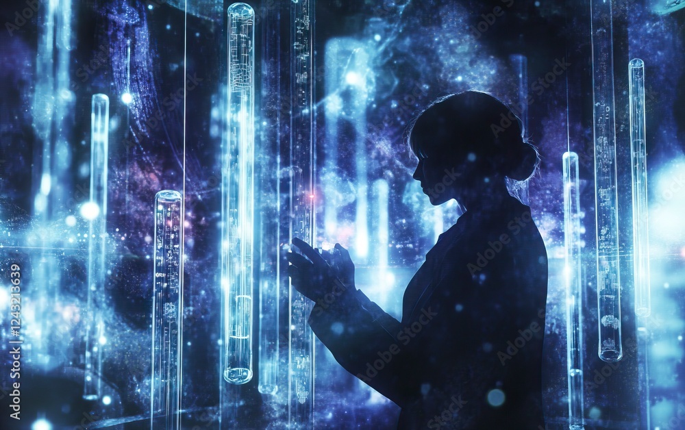 Poster digital double exposure of medical test tubes and digital health icons on the background, a scientis