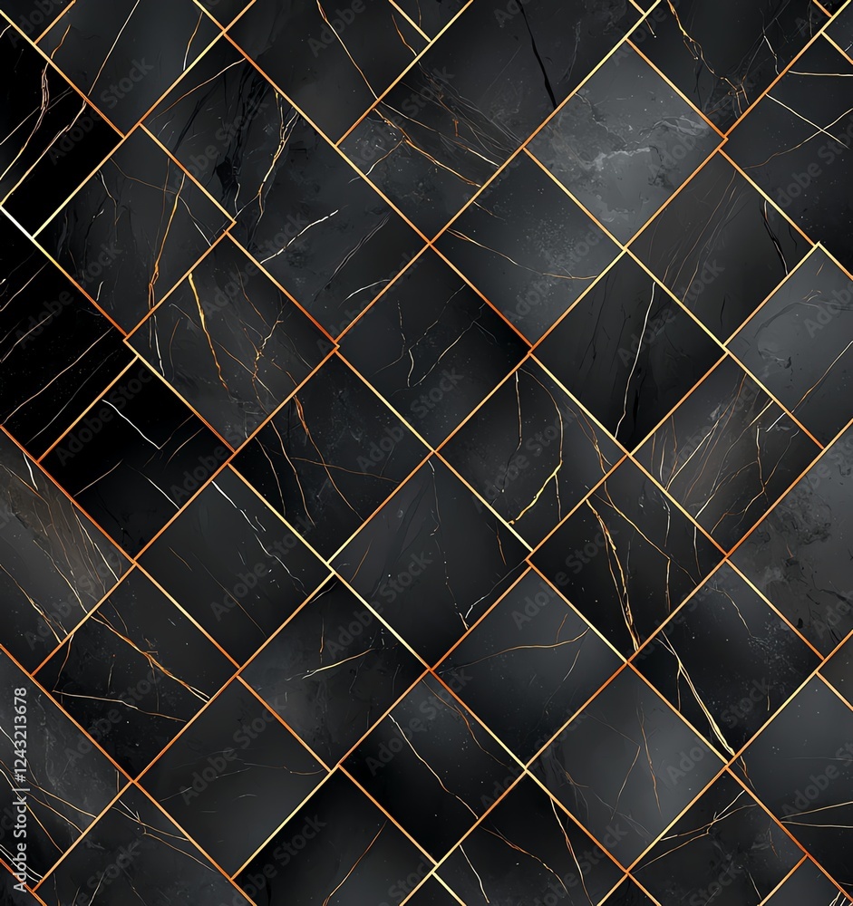 Poster a textured black marble pattern featuring gold veins and an intricate tile layout. perfect for backg