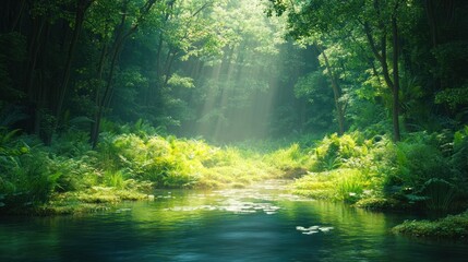 Fototapeta premium Sunlight streams through rainforest, tranquil stream