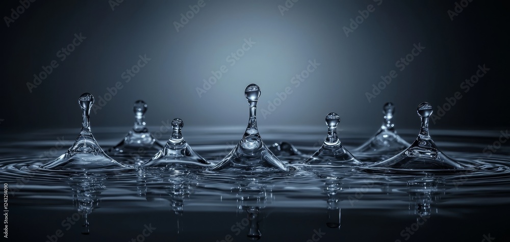 Poster the image features a series of water droplets creating elegant splashes against a dark background, s