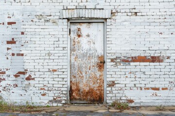 Naklejka premium White brick wall with old rustic door in european city. Detailed photo textured background