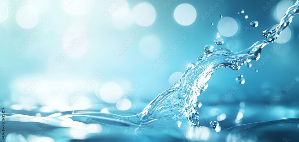 Poster a serene blue background features splashing water, creating a calming effect with soft bokeh highlig