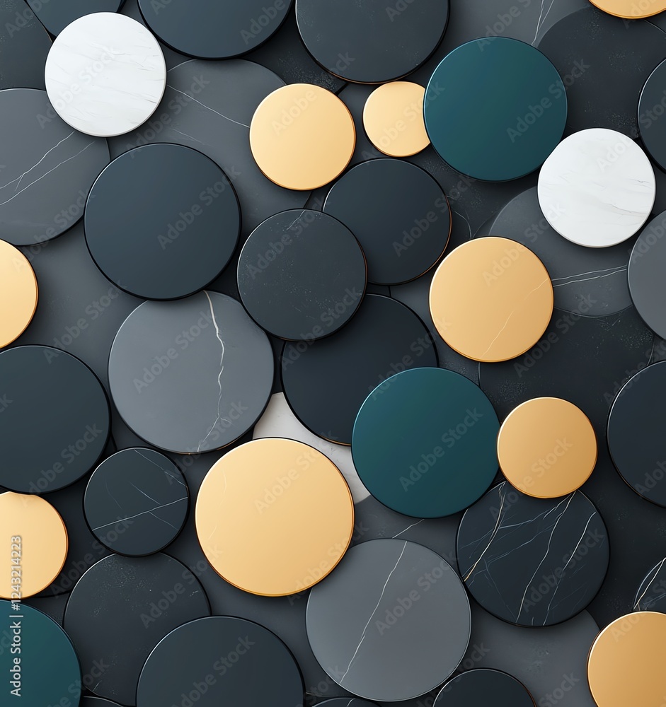 Poster a vibrant collection of circular shapes in various colors and textures, creating an abstract and mod