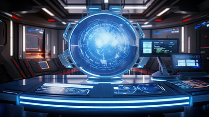 Futuristic Control Room with Holographic Globe Display