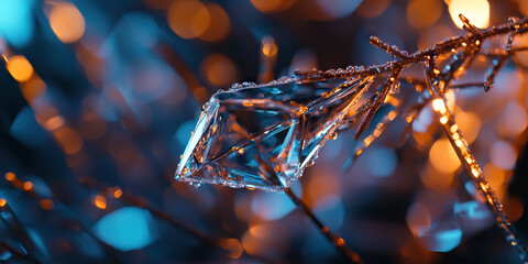 Faceted Glass Ornament on Frost-Covered Branch with Bokeh Lights