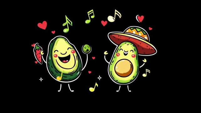 Dancing avocado characters celebrating with music and peppers on black background Happy Cinco de mayo