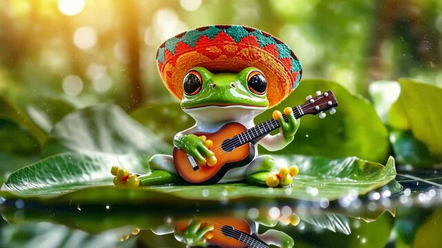 Whimsical frog playing guitar on lily pad under sunlit canopy Happy Cinco de mayo