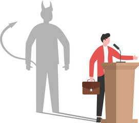 Fake News Landing Page Template. Male Character Liar with Long Nose Shade on Wall Stand On Podium Addressing A Crowd.

