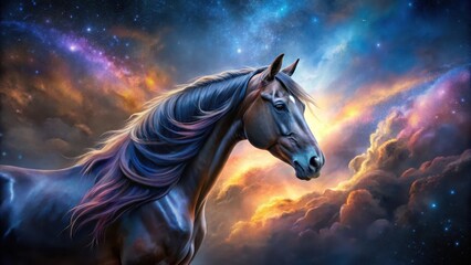 Majestic Dark Horse Against a Vibrant Cosmic Sky, a Dreamlike Portrait of Equine Elegance and Celestial Wonder