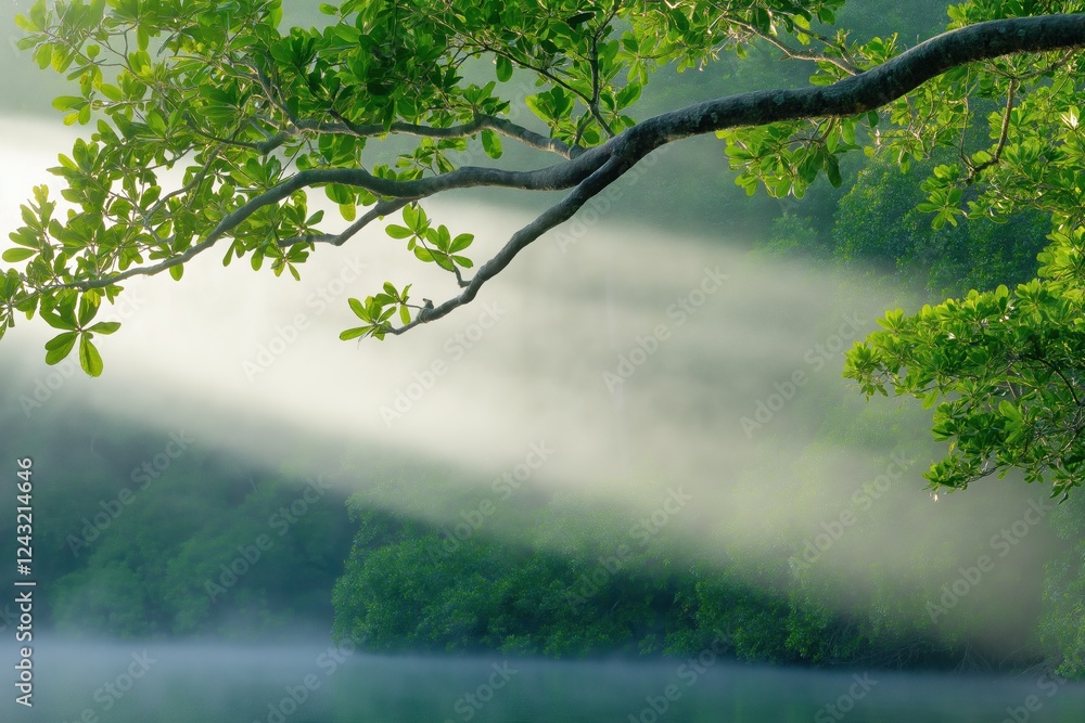 Poster a tree branch is in the middle of a forest with a misty, foggy atmosphere. the sun is shining throug