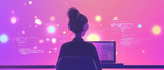 data scientist coding with machine learning algorithms, focused on laptop. vibrant background features colorful lights and code snippets, creating dynamic atmosphere of innovation and technology