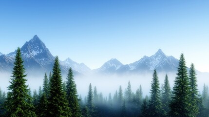 Fototapeta premium Misty Mountain Range with Fog and Snowcapped Peaks