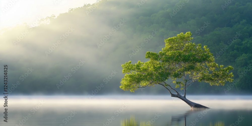 Poster a tree is standing in a lake with fog in the background. the tree is the only thing visible in the i