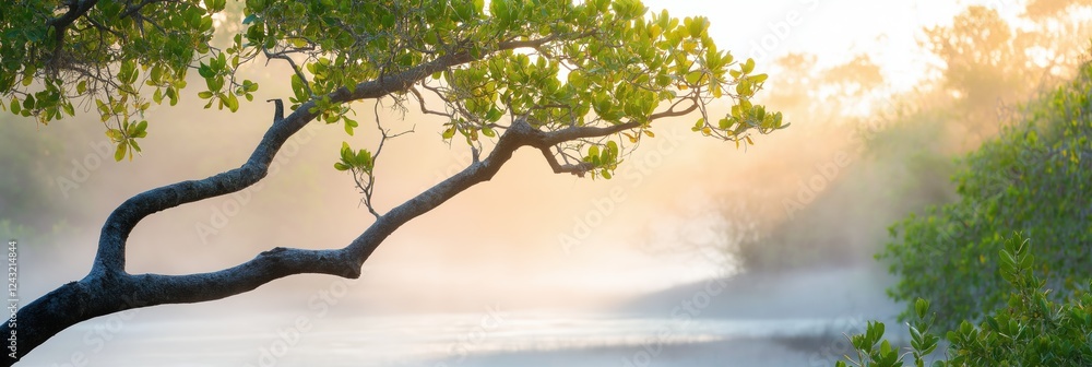 Poster a tree branch is in the foreground of a foggy lake. the branch is covered in moss and has a few leav