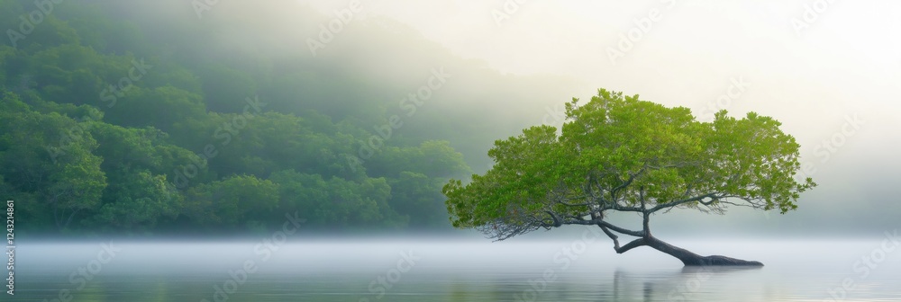 Poster a tree is in the water with a foggy sky in the background. the tree is the main focus of the image
