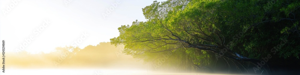Poster a tree is in the foreground of a foggy, misty landscape. the tree is surrounded by a forest of trees