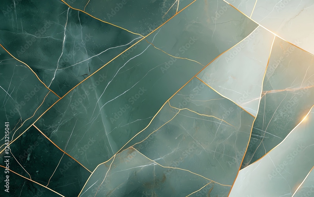 Poster abstract image featuring elegant green and white marble textures interwoven with fine golden lines, 