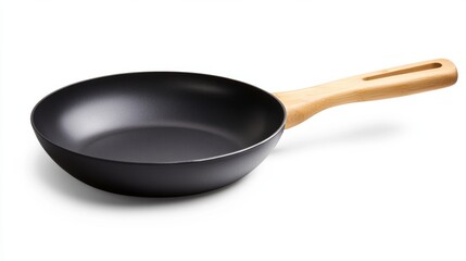 ฺBlack fry pan with wooden spatula isolated on white background. Top view