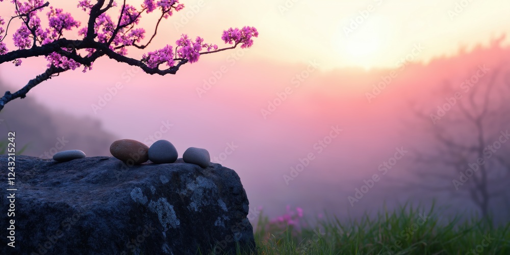 Poster a rock with three pebbles on top of it. the rock is in front of a tree and the sky is pink