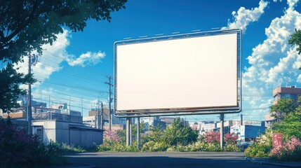 Fototapeta premium Large White Blank Billboard in Urban Setting Surrounded by Greenery and Blue Sky with Fluffy Clouds, Perfect for Advertising and Marketing Campaigns