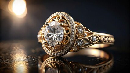A dazzling golden ring showcasing a large, brilliant-cut gemstone, encircled by meticulously crafted filigree and accented with smaller diamonds, reflected on a dark, polished surface