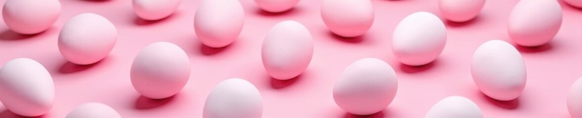 Fototapeta premium Pastel pink & white eggs, repeating pattern on pink background, festive, bunny, holiday background