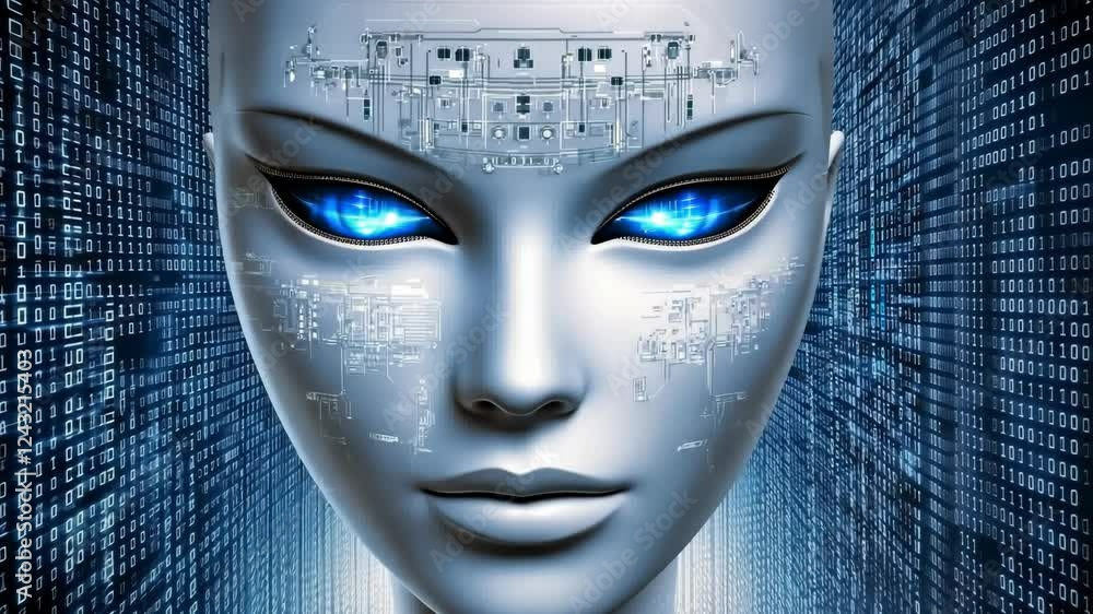 Aufkleber futuristic humanoid with glowing blue eyes against a digital background of binary code and circuit d