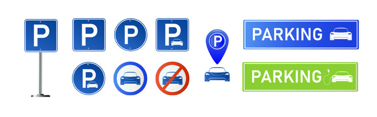 Car parking eco electric icon set. Parking and traffic signs isolated on white background. Map parking pointer. Vector