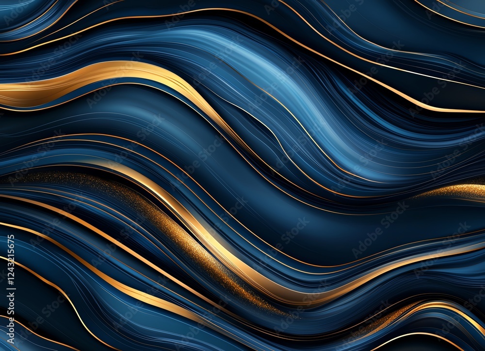 Poster an abstract background featuring flowing waves of deep blue and shimmering gold, perfect for creatin