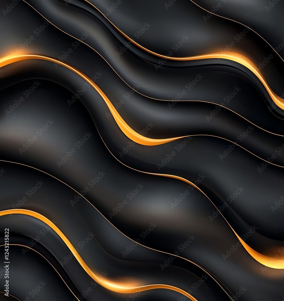 Aufkleber an abstract background featuring smooth, wavy black lines illuminated by subtle golden accents, crea