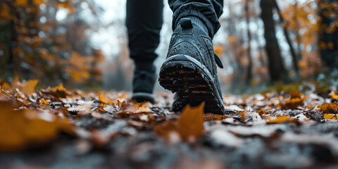 Muddy Hiking Boots on Autumn Leaves